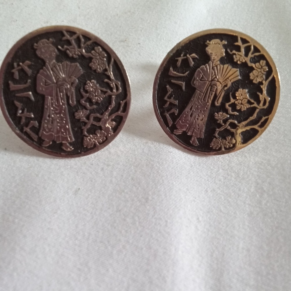 Vintage Gold Tone Geisha Cherry Blossom Round Cufflinks Japanese‎ Motif Fan